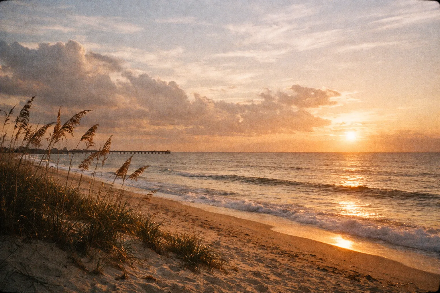Golden-hour beach scene with sea oats, sand, and calm water, no people visible