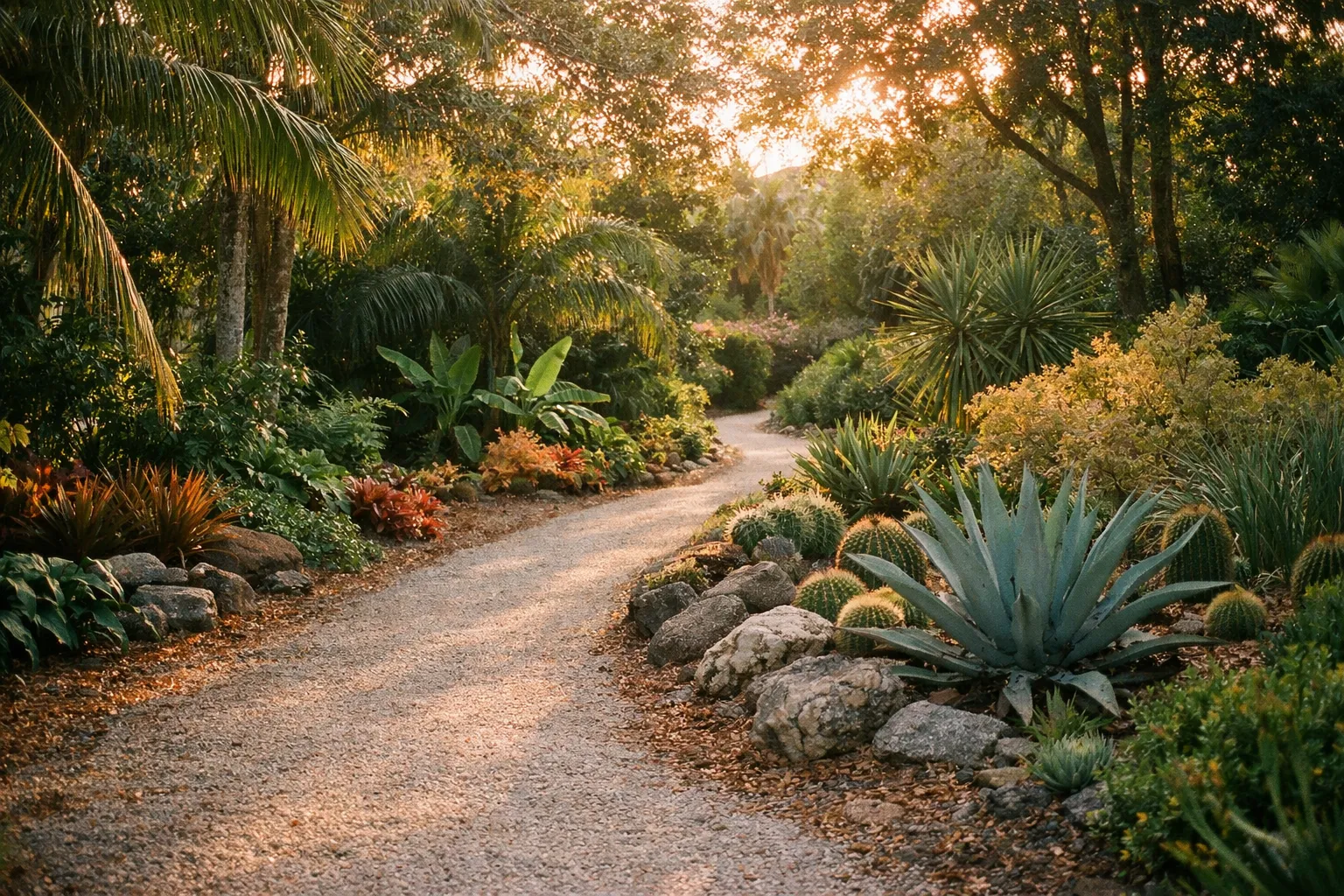Path winding through Mounts Botanical Garden with tropical plants and filtered sunlight