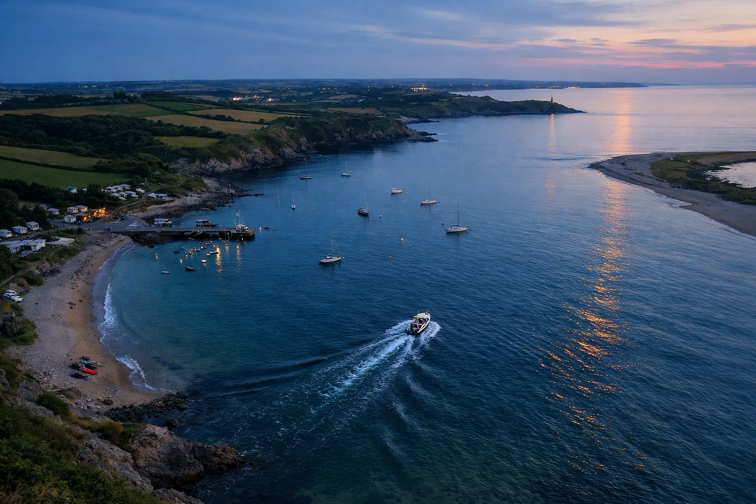 A small harbor with boats and a beach is set along a scenic coastline at sunset in Wexford, Ireland.