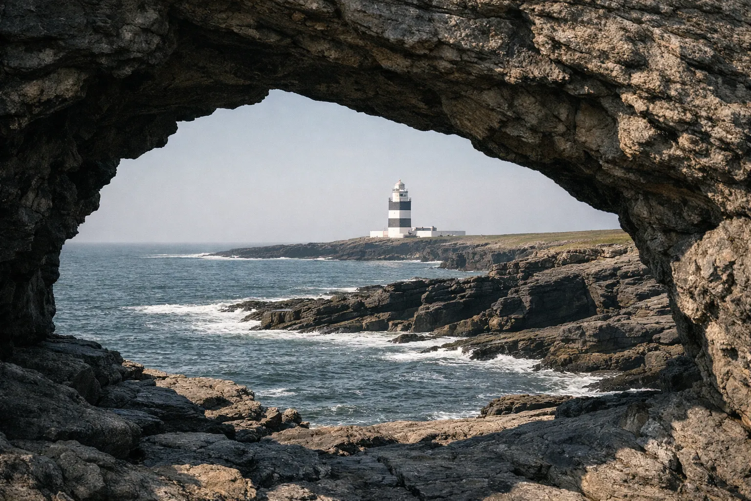 Hook Lighthouse stands on a rocky coastline viewed through a natural rock arch by the sea.