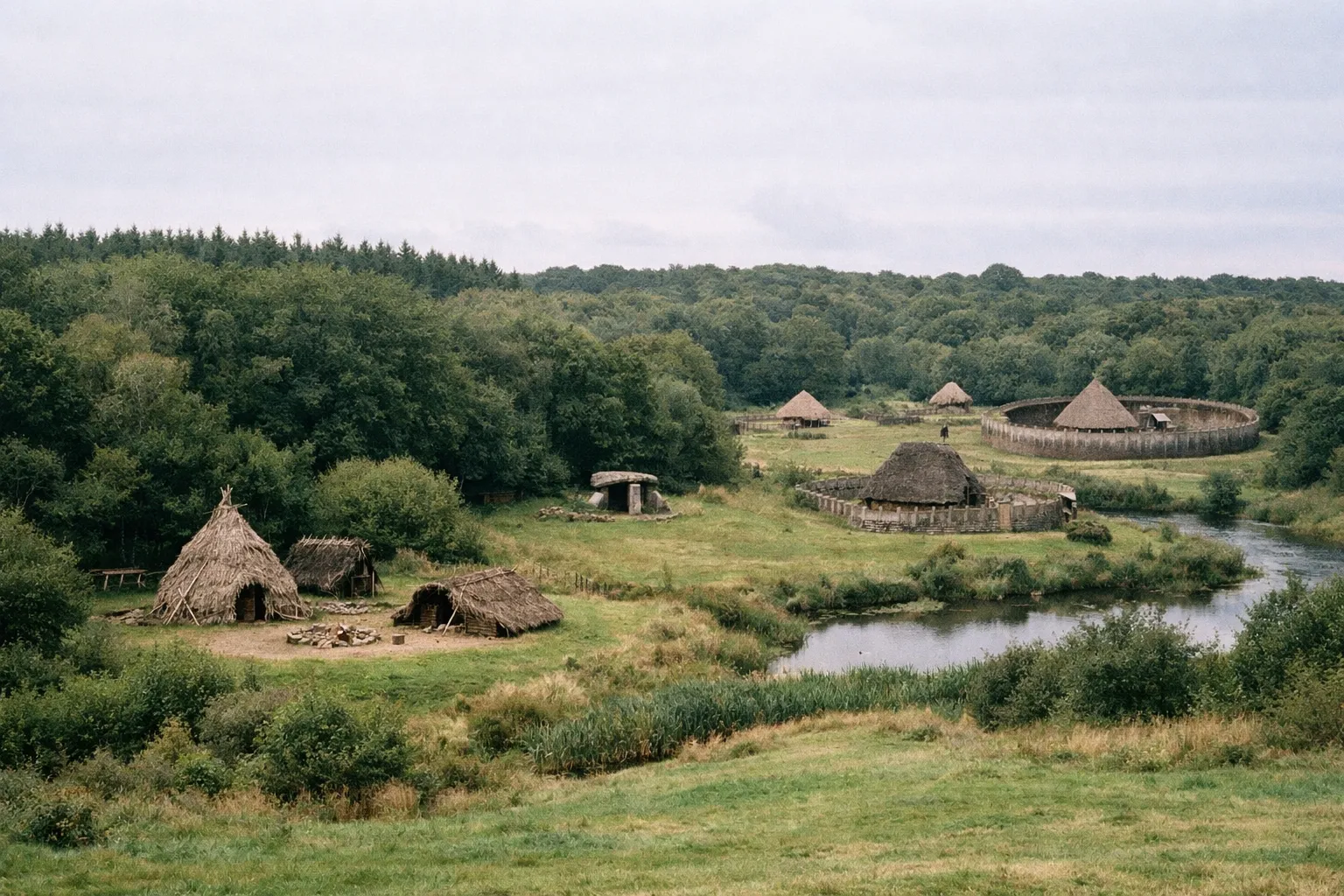 Reconstructed ancient huts and a stone monument are set in green countryside near a small river at the Irish National
