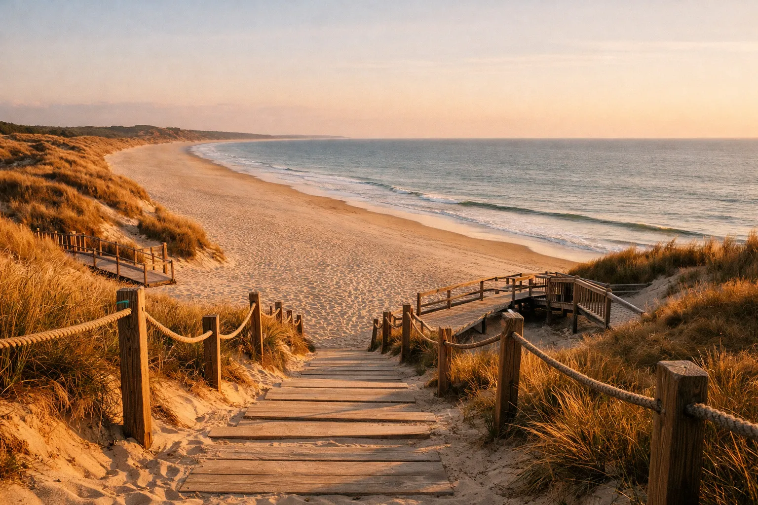 A wooden walkway leads down sand dunes to a wide, empty beach with gentle waves at sunset.