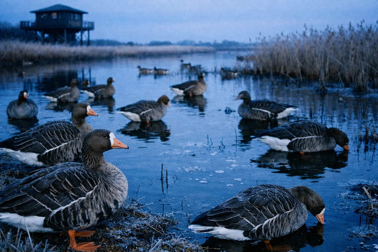 Wild geese swimming in a marshland with a wooden birdwatching hut in the background.