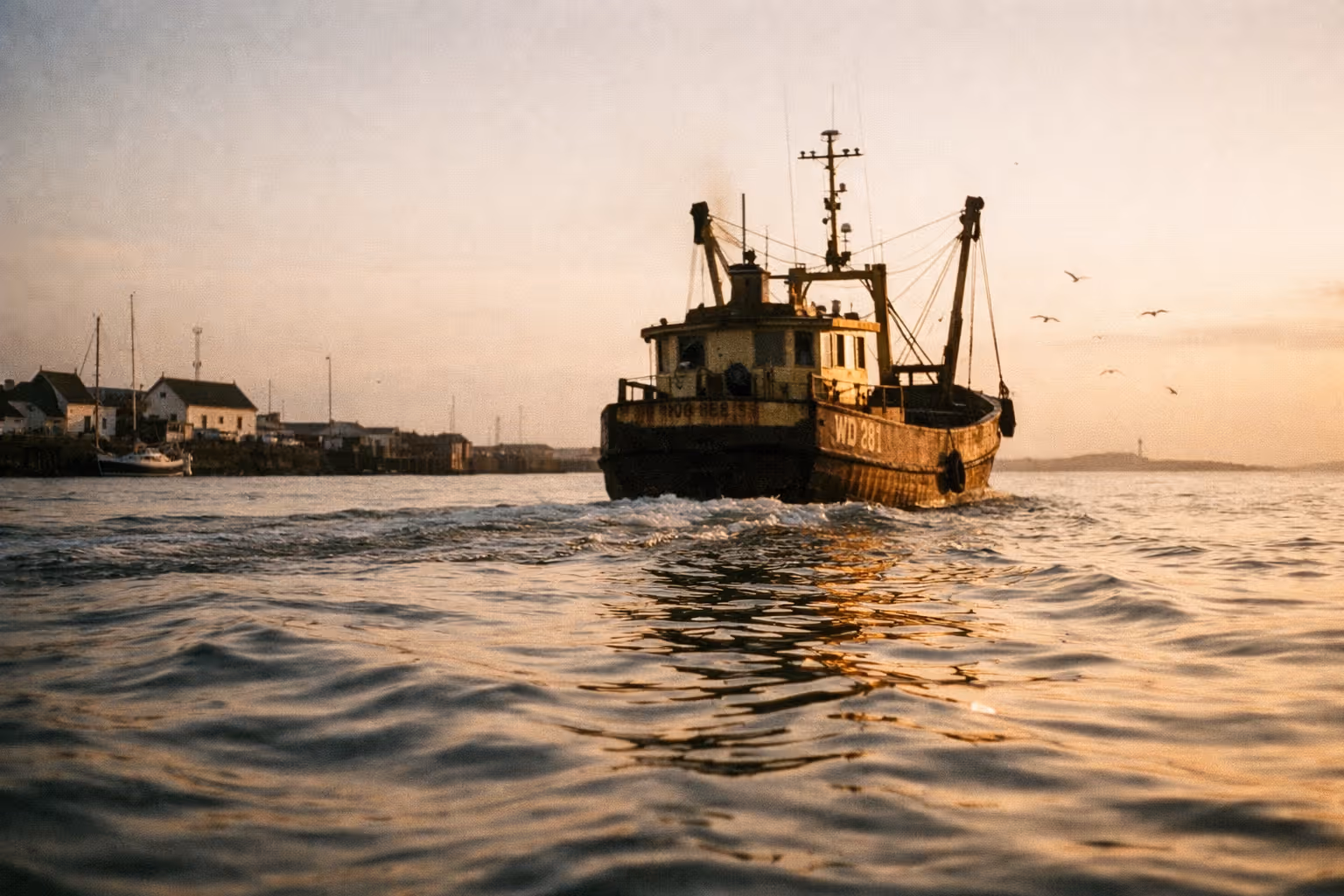 A fishing boat sails near a small harbor with houses and calm water at sunset.