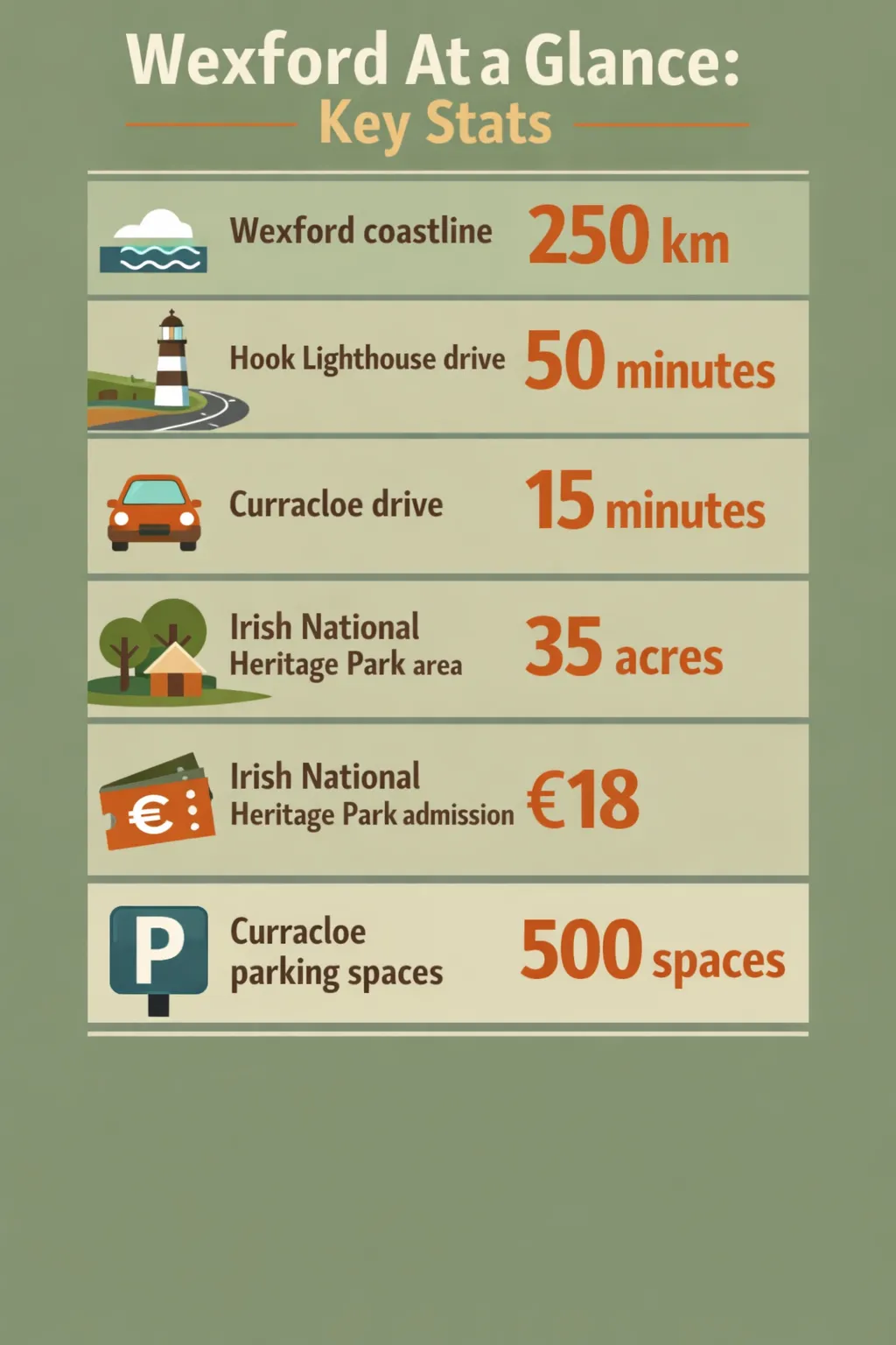 Wexford stats: 250 km coastline; Hook Lighthouse 50 minutes drive; Curracloe 15 minutes; Irish National Heritage Park 35