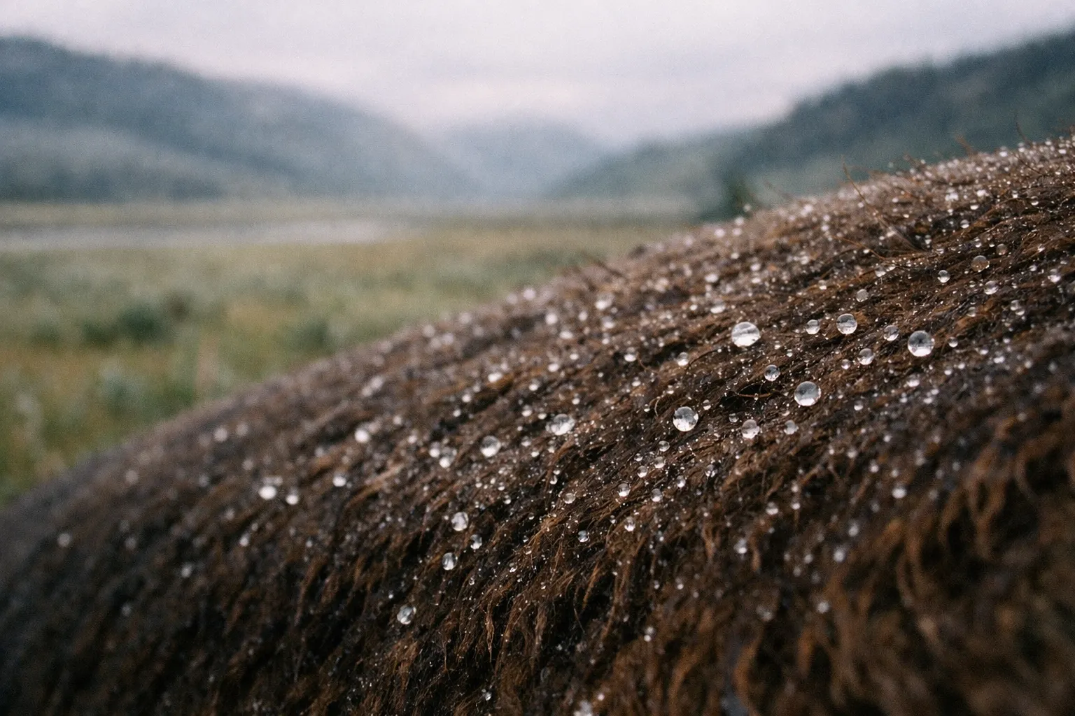 Close-up of dew on bison fur with Yellowstone's grassy valley and hills in the background.