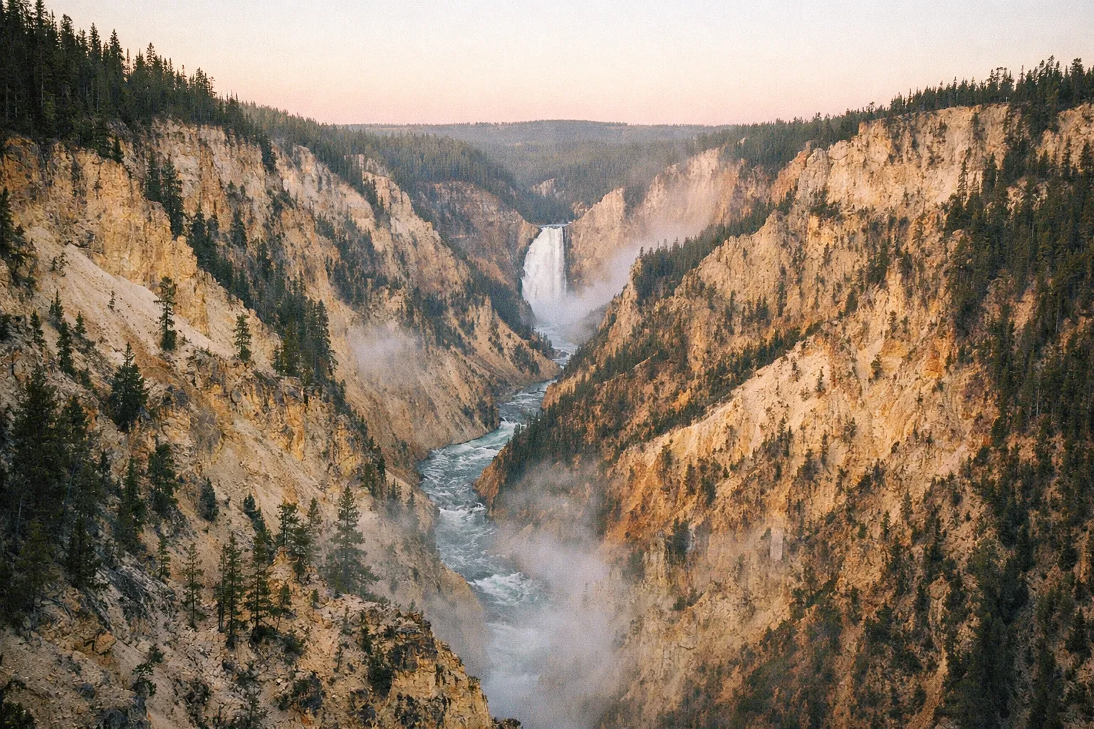 Lower Falls of the Yellowstone River flowing through the Grand Canyon of Yellowstone at sunrise.