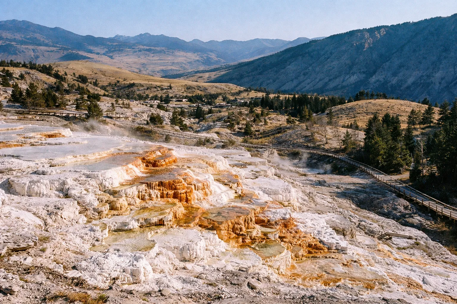 Mammoth Hot Springs terraces with boardwalks and mountains in Yellowstone National Park.