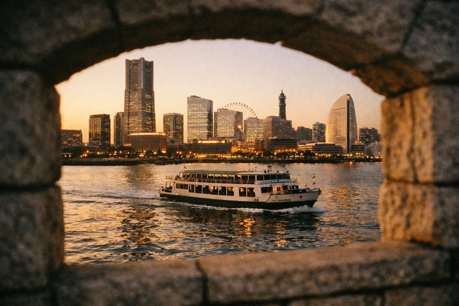 A sightseeing boat cruises in Yokohama Bay with the Minato Mirai skyline in the background at sunset.