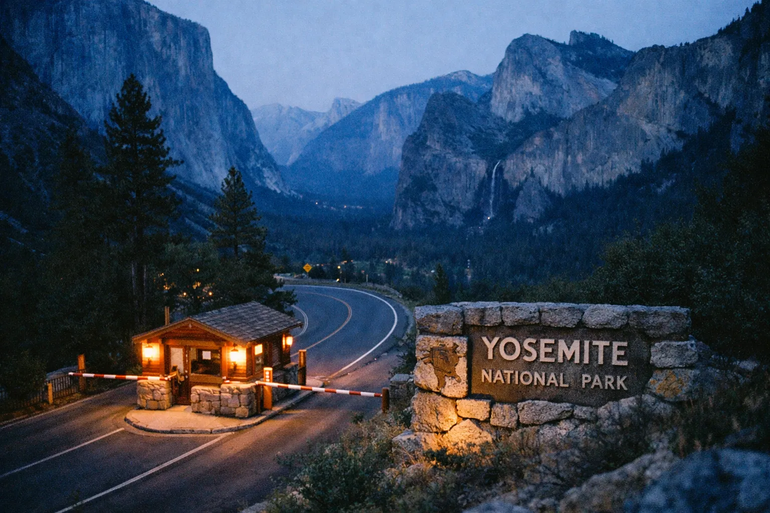 Entrance gate and stone sign for Yosemite National Park with granite cliffs in the background at dusk.