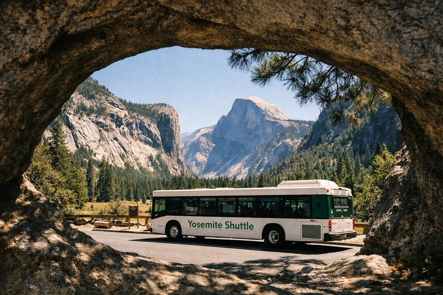 A Yosemite Shuttle bus is parked near forested mountains with Half Dome visible in the background.