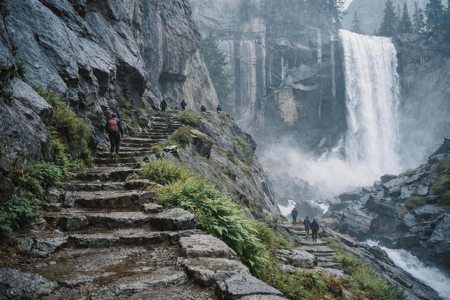 Hikers walk up a rocky trail toward Vernal Fall in Yosemite National Park.
