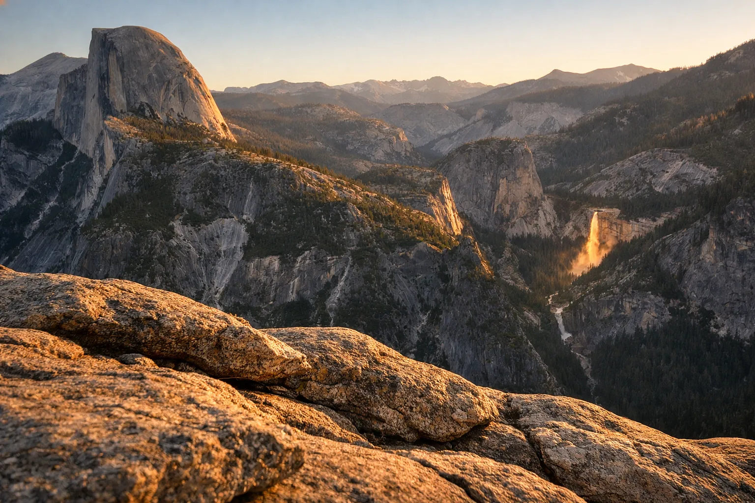 Half Dome and Yosemite Falls viewed from a rocky overlook in Yosemite National Park at sunset.