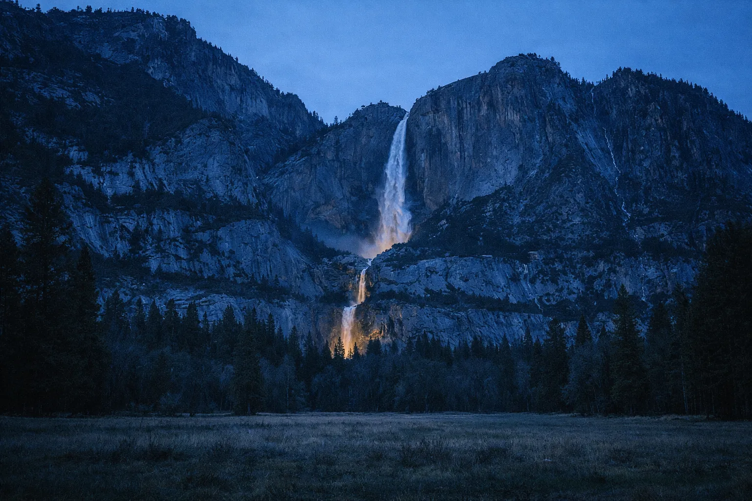 Yosemite Falls cascades down granite cliffs at dusk, surrounded by forest and mountains in Yosemite National Park.