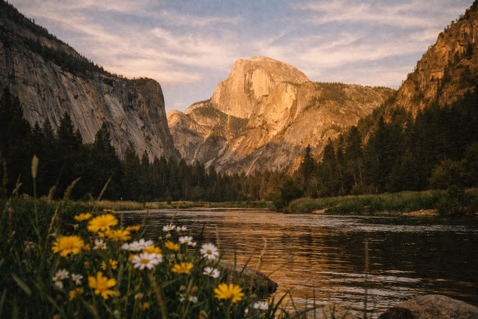 Half Dome rises above a meadow and river in Yosemite National Park at sunset.