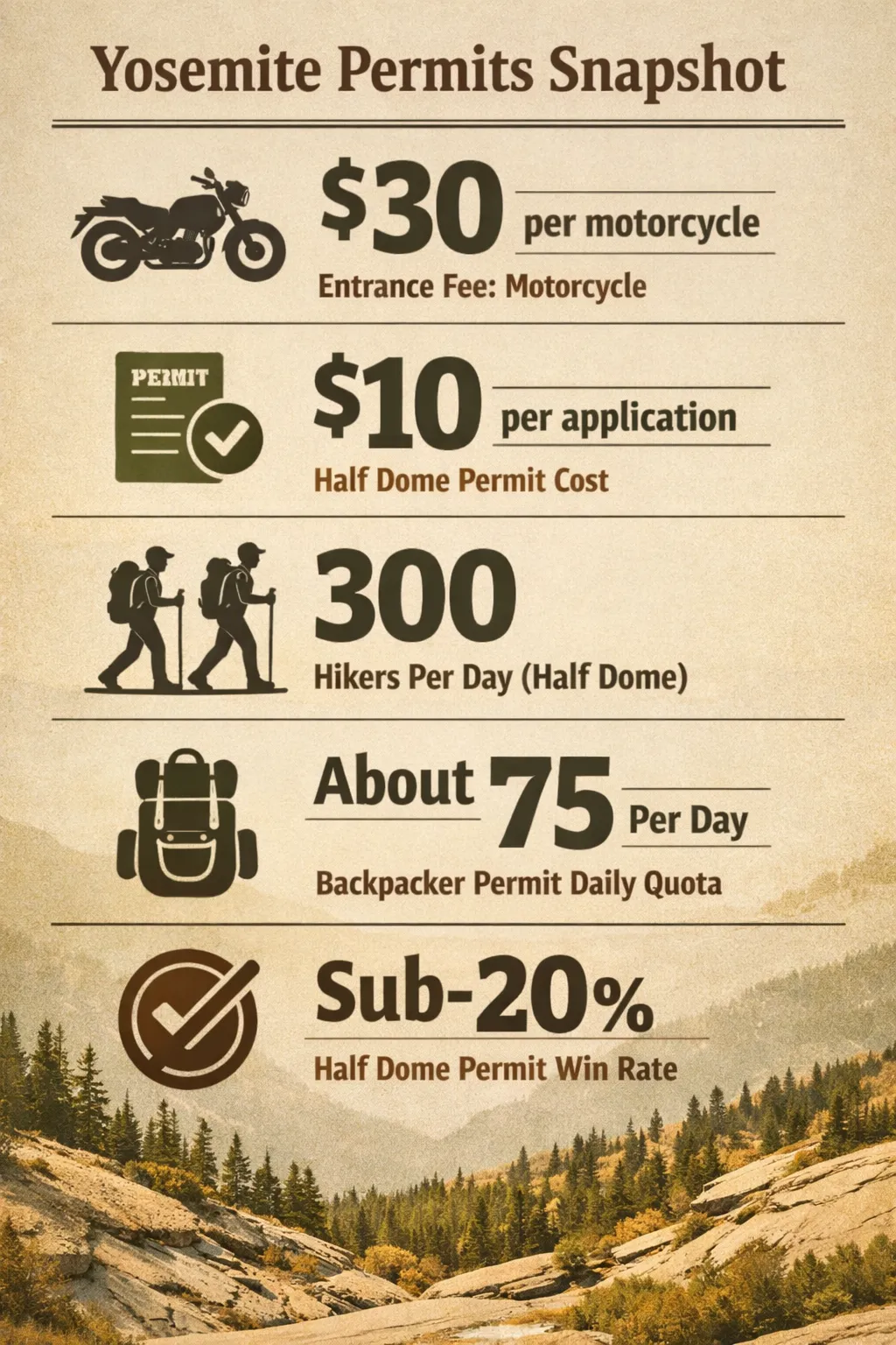 Infographic showing Yosemite entrance fees, Half Dome permit costs, and daily permit quotas