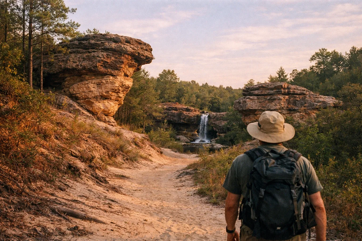 A lone hiker's silhouette along the Blue Trail toward sandstone formations and a waterfall