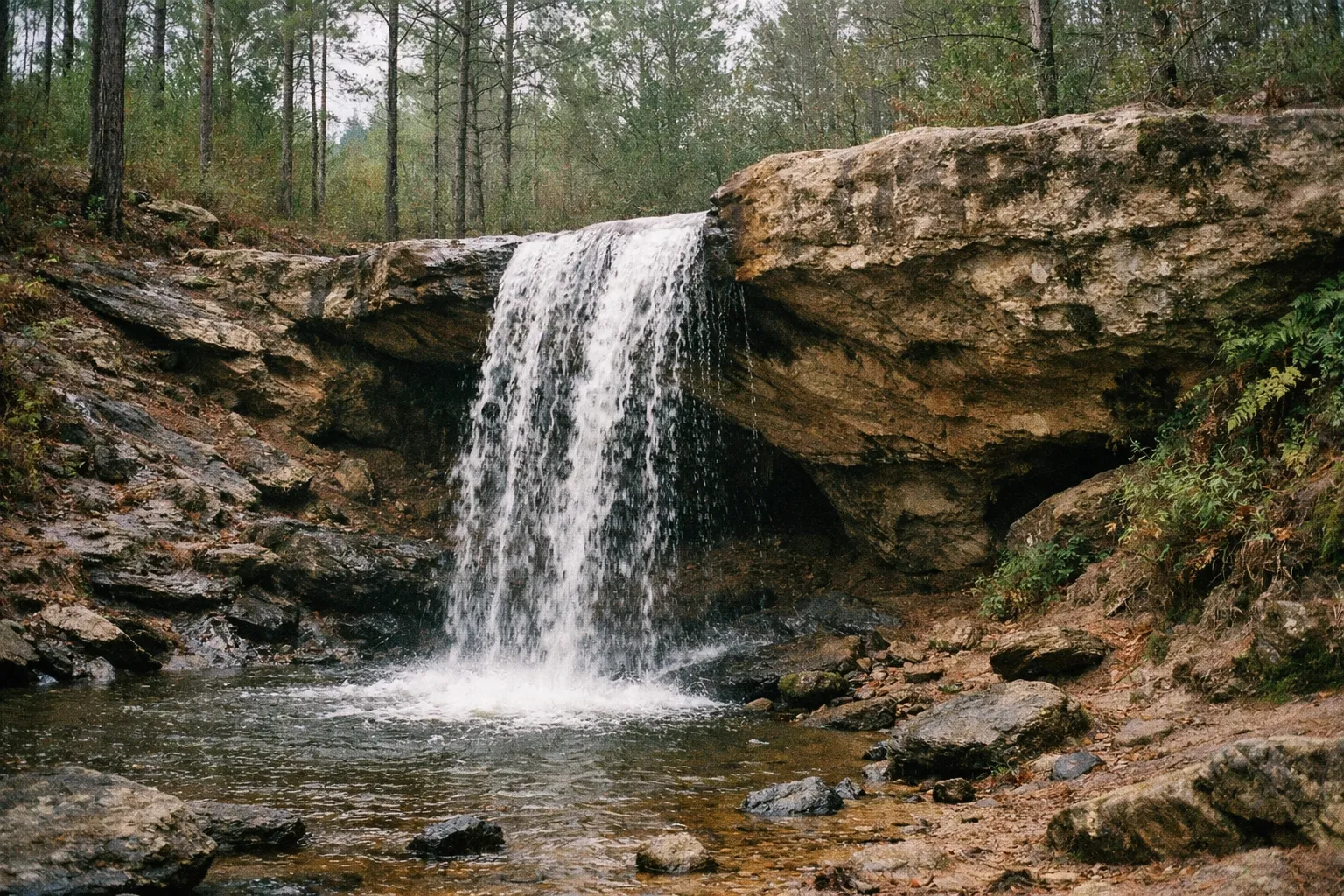 Waterfall cascading over sandstone with moss and surrounding pines after rain