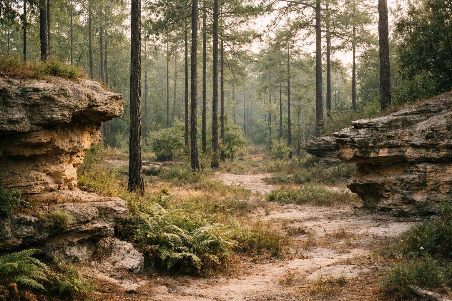 Longleaf pine forest and sandstone rocks with ferns and common Midlands flora