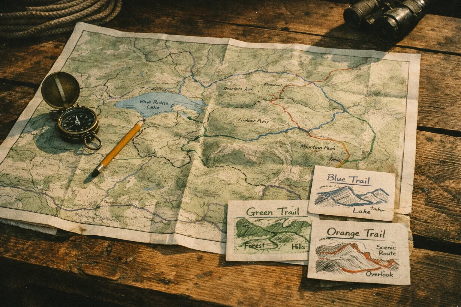 Map and gear laid on a wooden table with a compass and route sketches