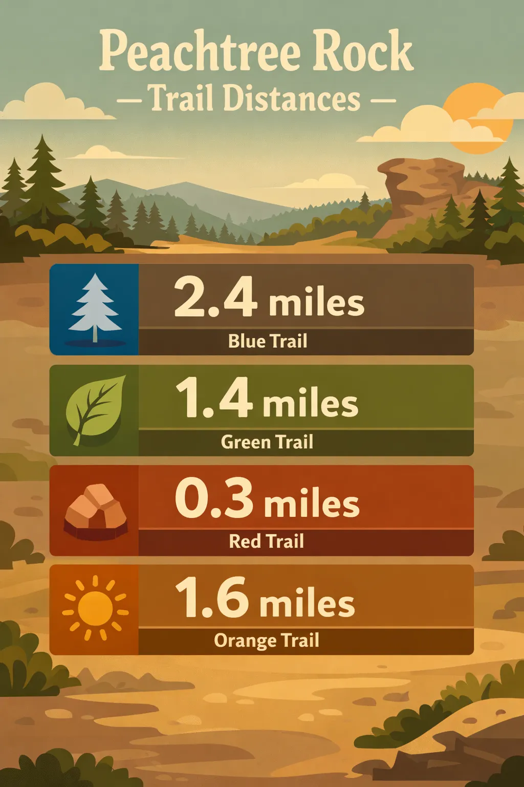 Distances for Blue, Green, Red and Orange trails at Peachtree Rock Heritage Preserve: Blue 2.4 miles, Green 1.4 miles, Red