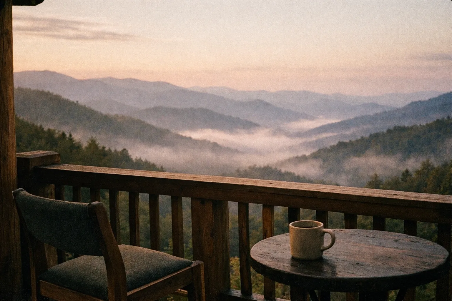 Sunlit wooden cabin deck overlooking a misty valley in the Great Smoky Mountains during golden hour