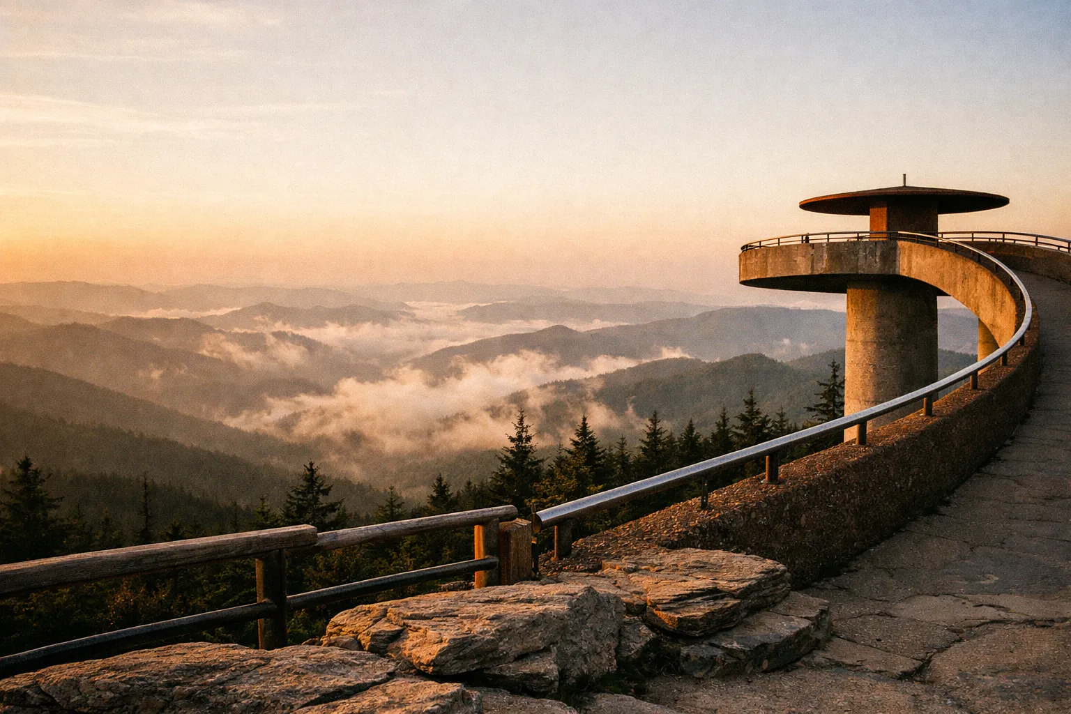 Panoramic view from Clingmans Dome's overlook showing distant ridges under a golden sky