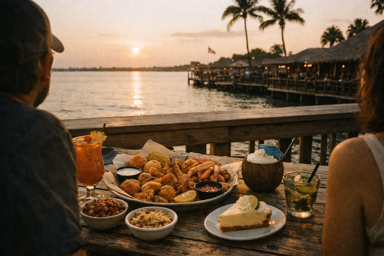 Cocoa Beach waterfront dining at golden hour: a seafood platter and key lime pie on a rustic table by the ocean.
