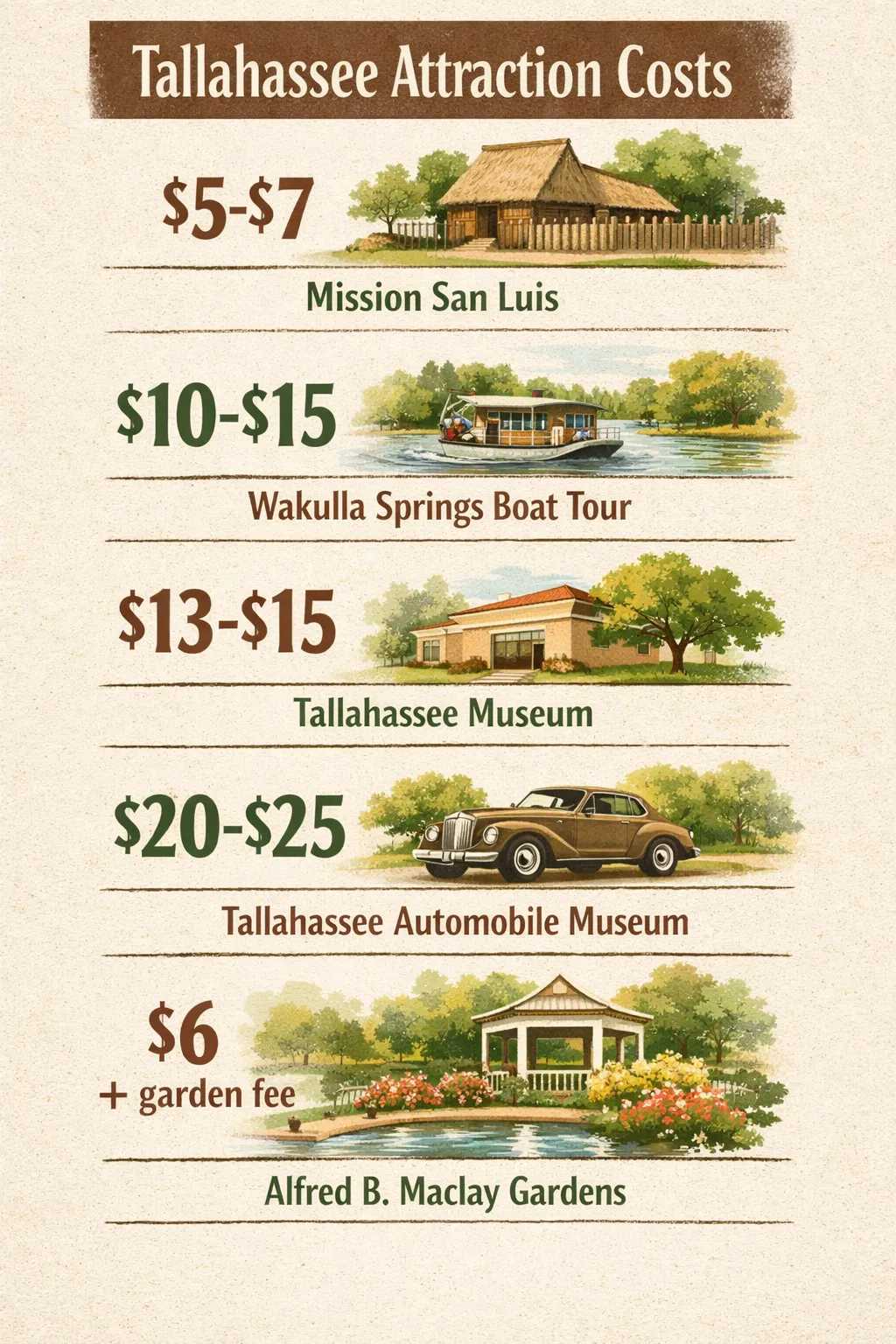 Prices for major Tallahassee attractions: Mission San Luis $5-$7, Wakulla Springs boat tour $10-$15, Tallahassee Museum