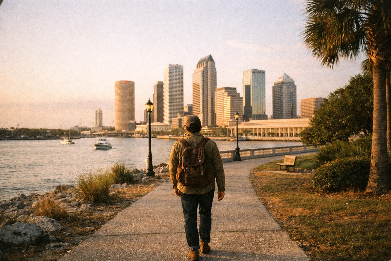 Sunset path along Tampa waterfront with a lone traveler walking away, city skyline in distance