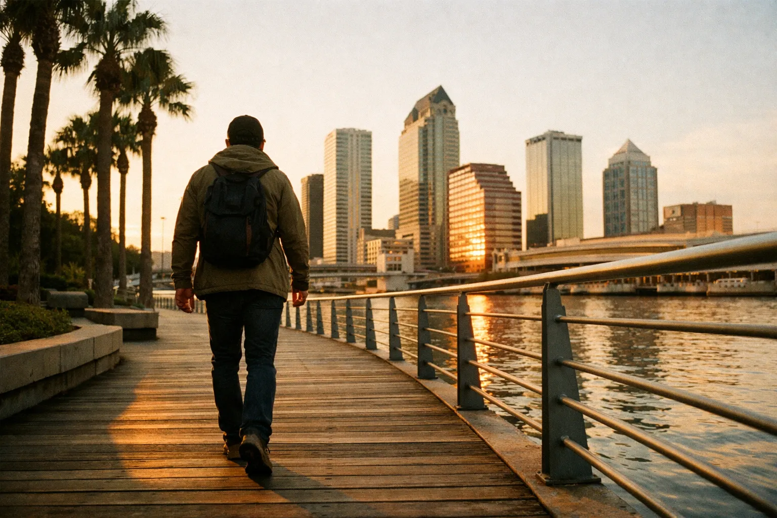 Long riverwalk scene along Tampa's waterfront at sunset with palm trees and a silhouette walking away