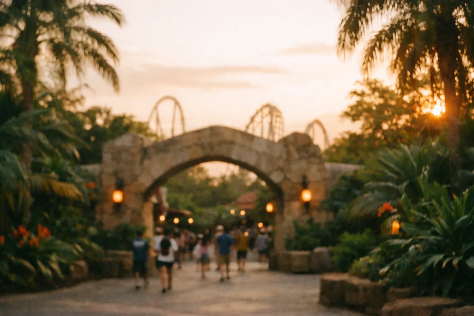 Distant view of a lush tropical park entrance with soft silhouettes and roller coaster silhouettes in the background
