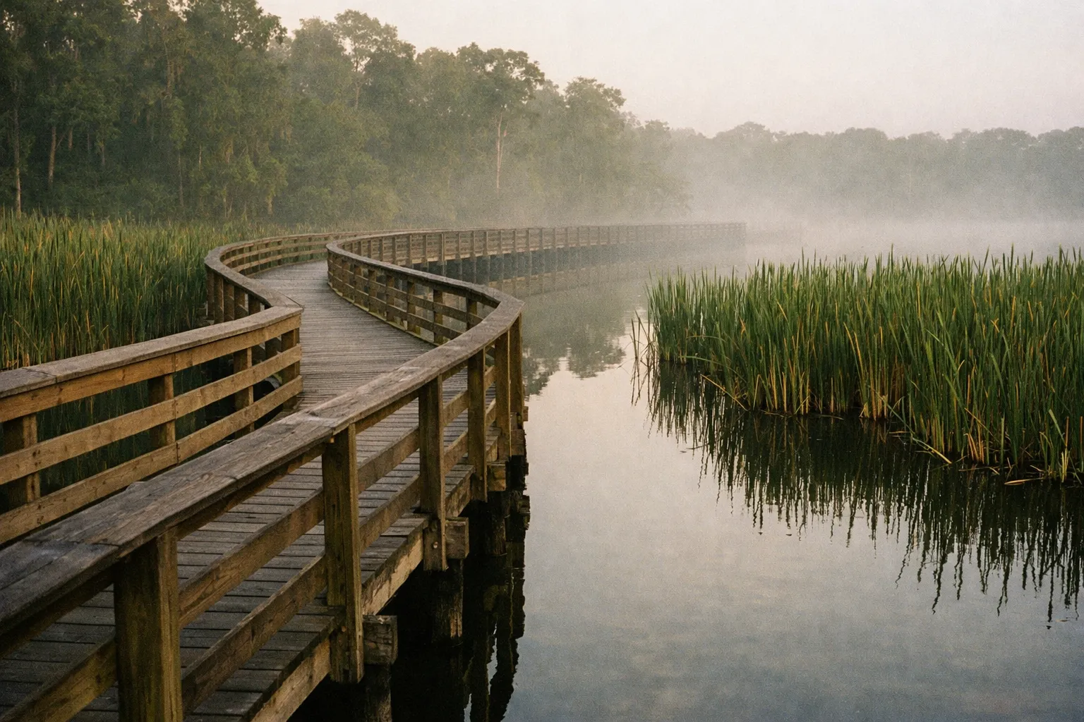 Wooden boardwalk winding through a tranquil wetlands at Lettuce Lake Regional Park