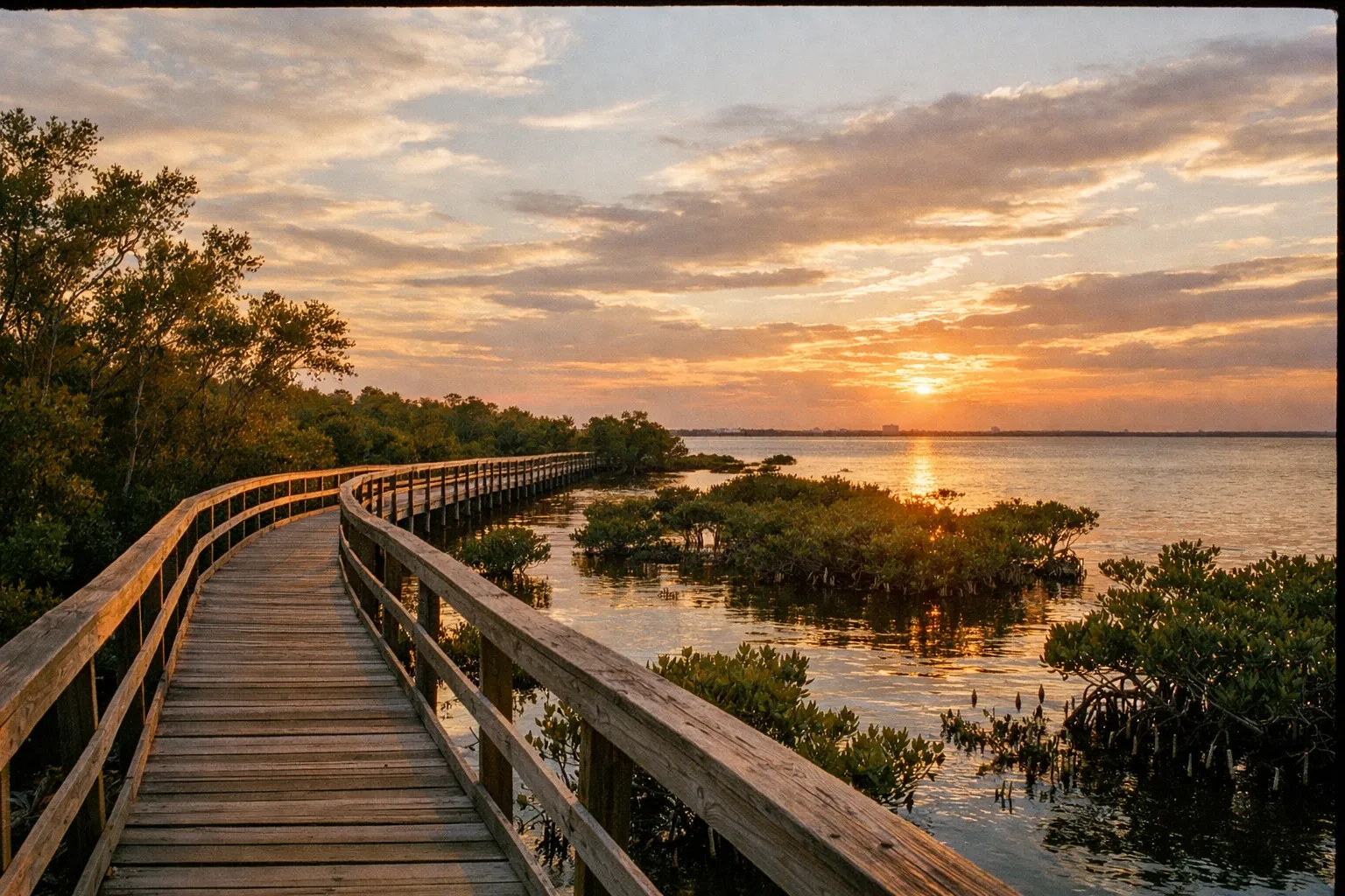 Coastal boardwalk through mangrove wetlands near Tampa at golden hour