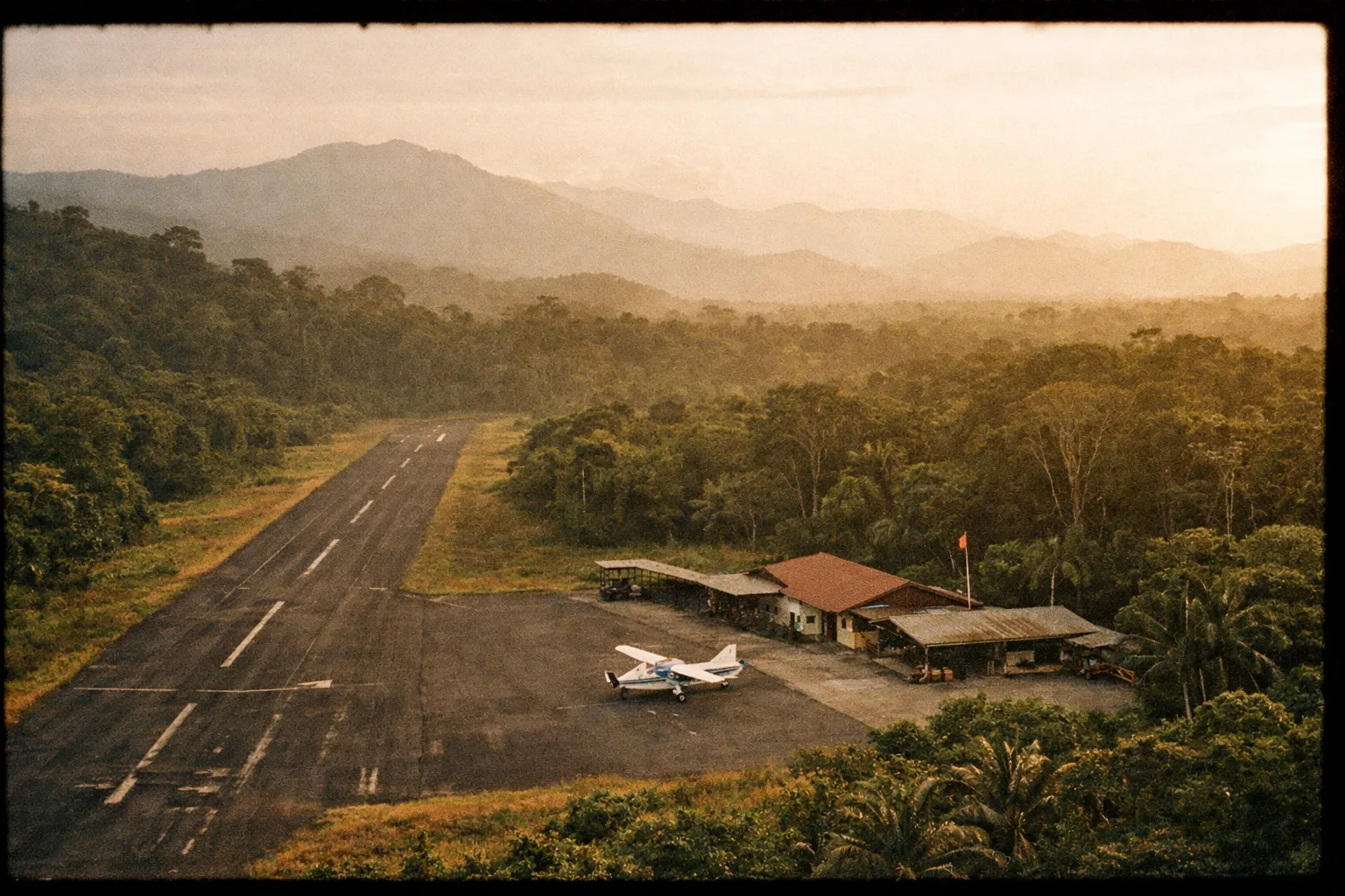 Quiet domestic airstrip on a jungle clearing in Costa Rica with small terminal