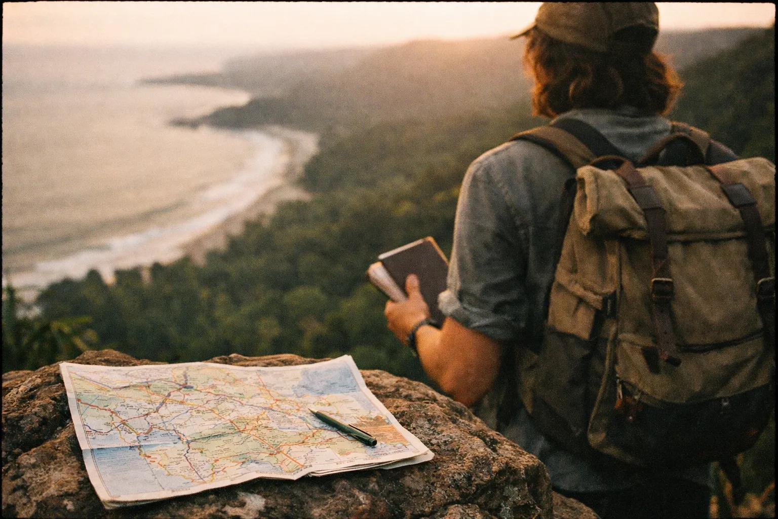 Back-of-shoulder traveler planning with map at golden hour overlook