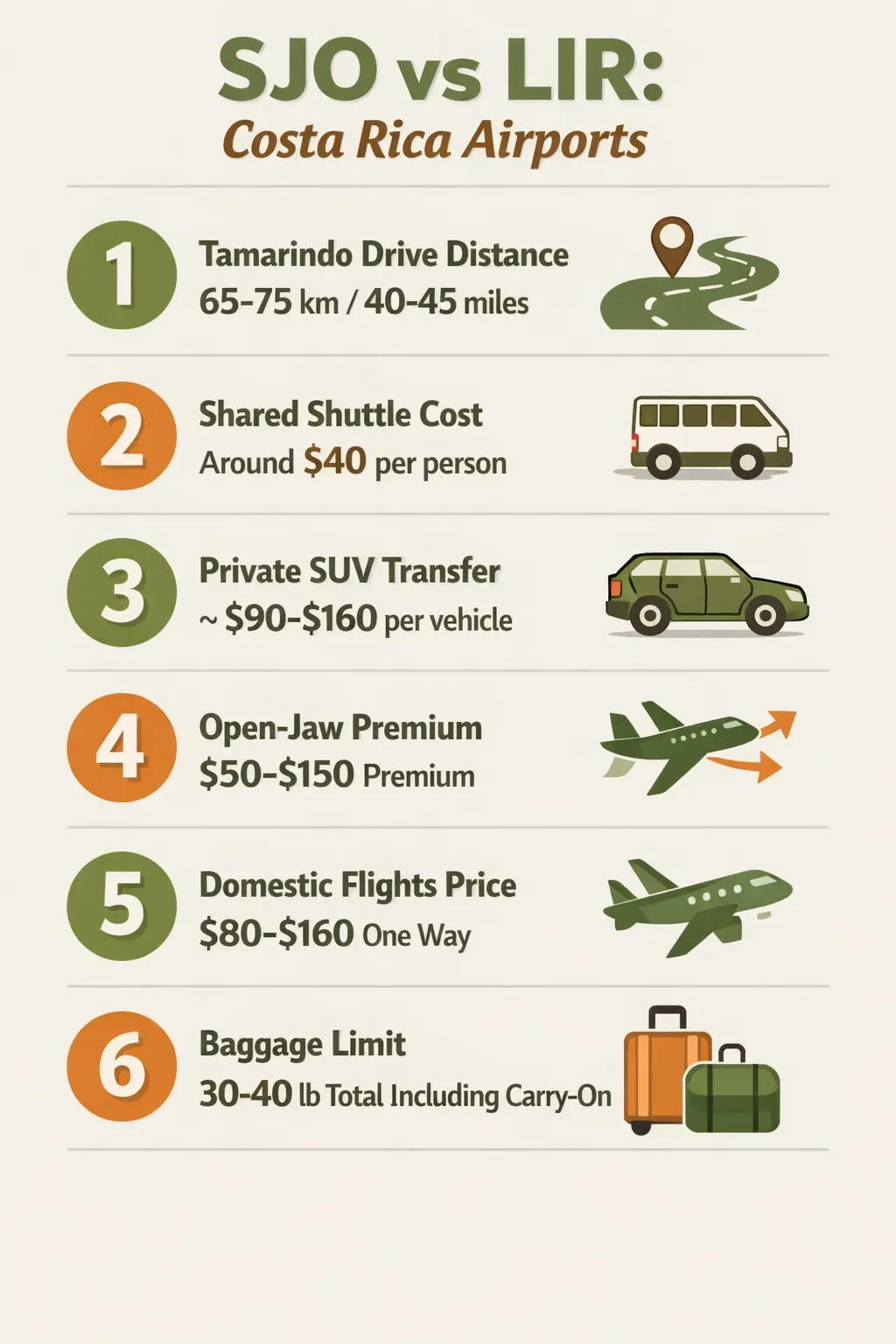 Flat-design infographic comparing SJO and LIR with distances, shuttle options and flight prices, showing key figures in