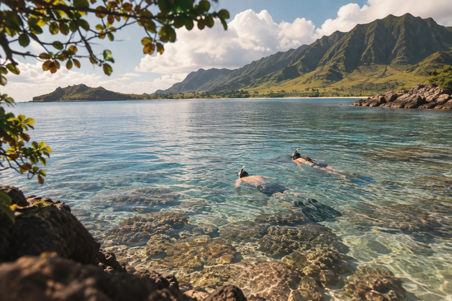 Snorkelers float over a shallow reef in a calm, sheltered Oahu cove below green mountain slopes.
