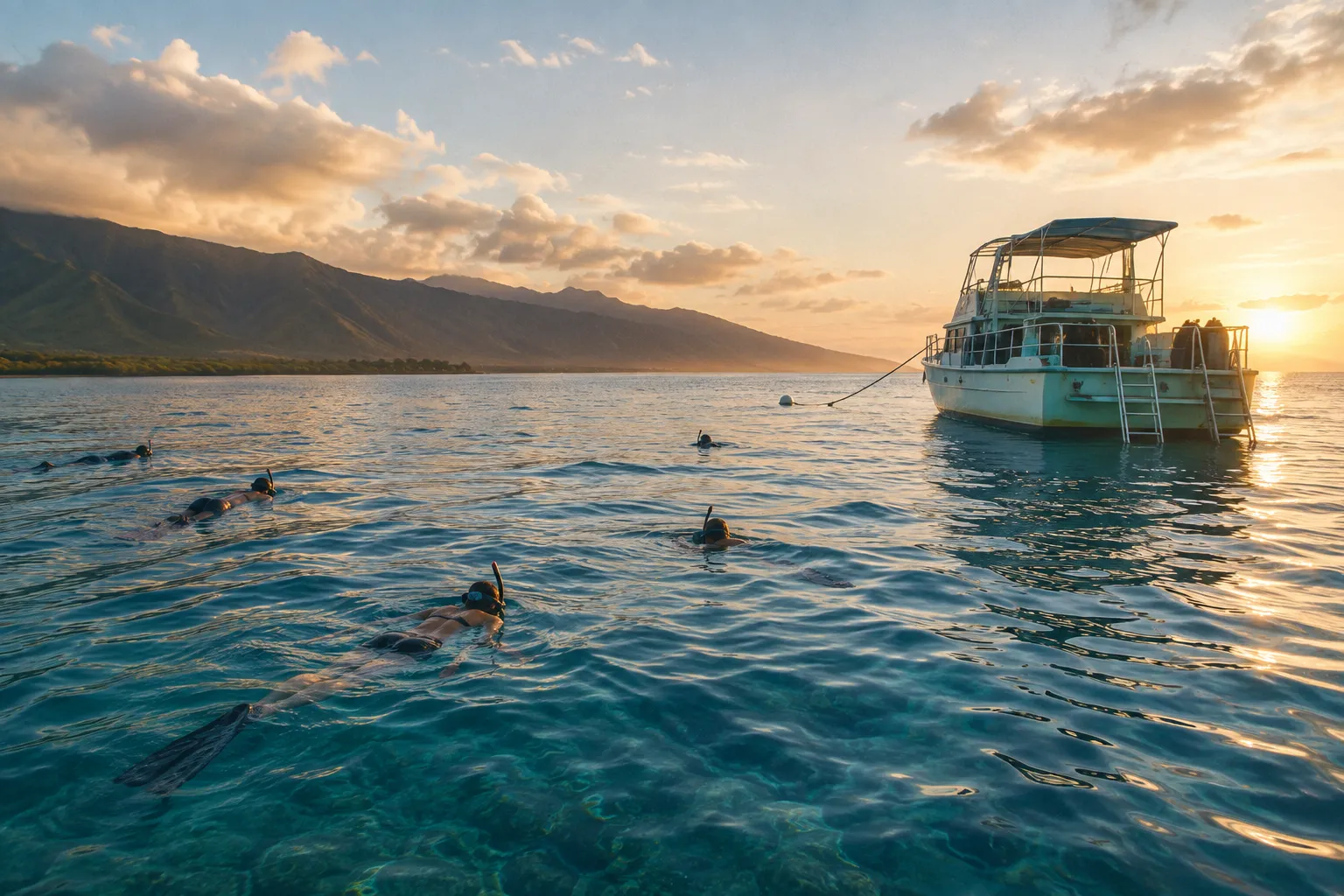Snorkelers float beside a moored tour boat off Maui at sunset.