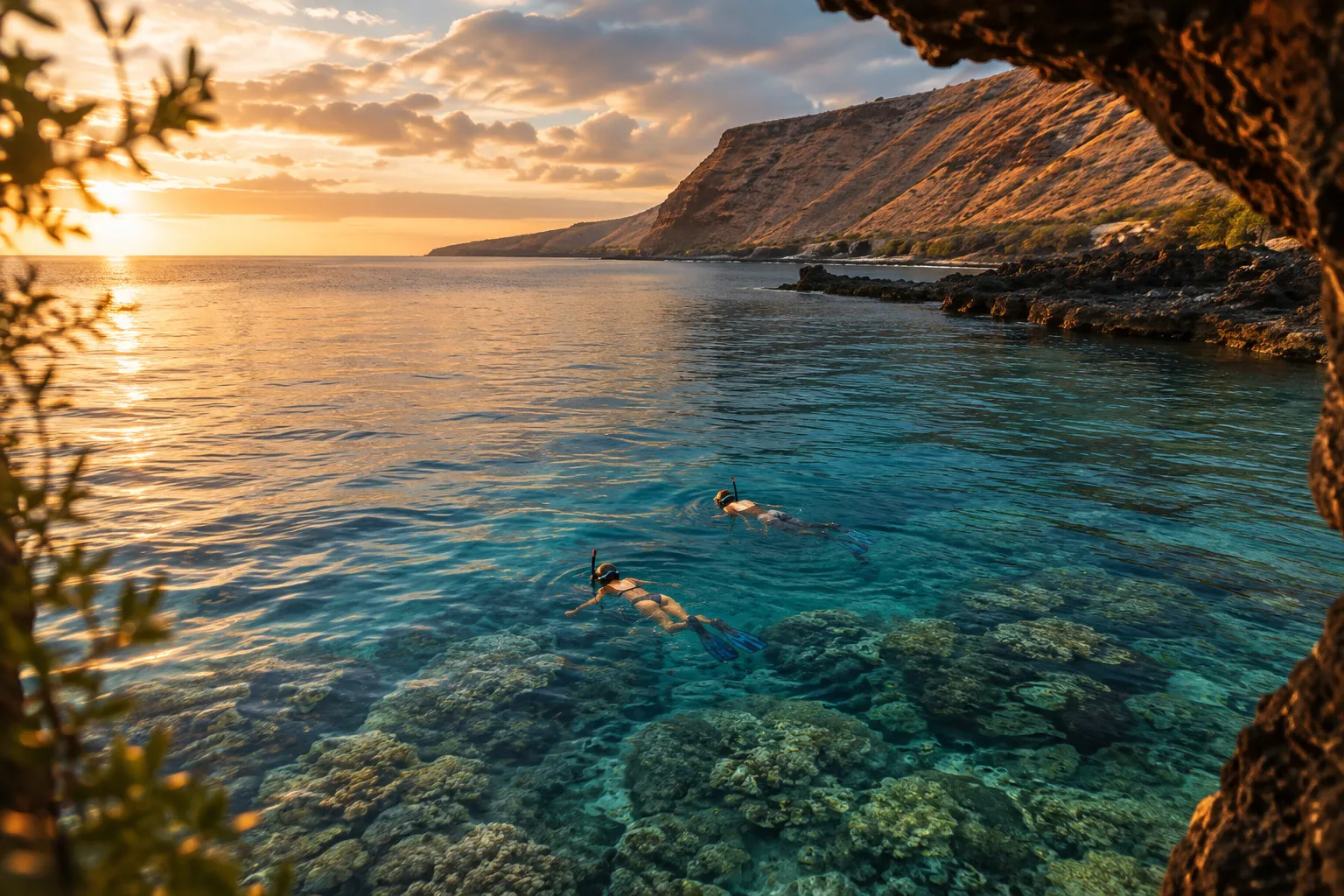 Two snorkelers swim over a reef in a clear coastal bay at sunset.