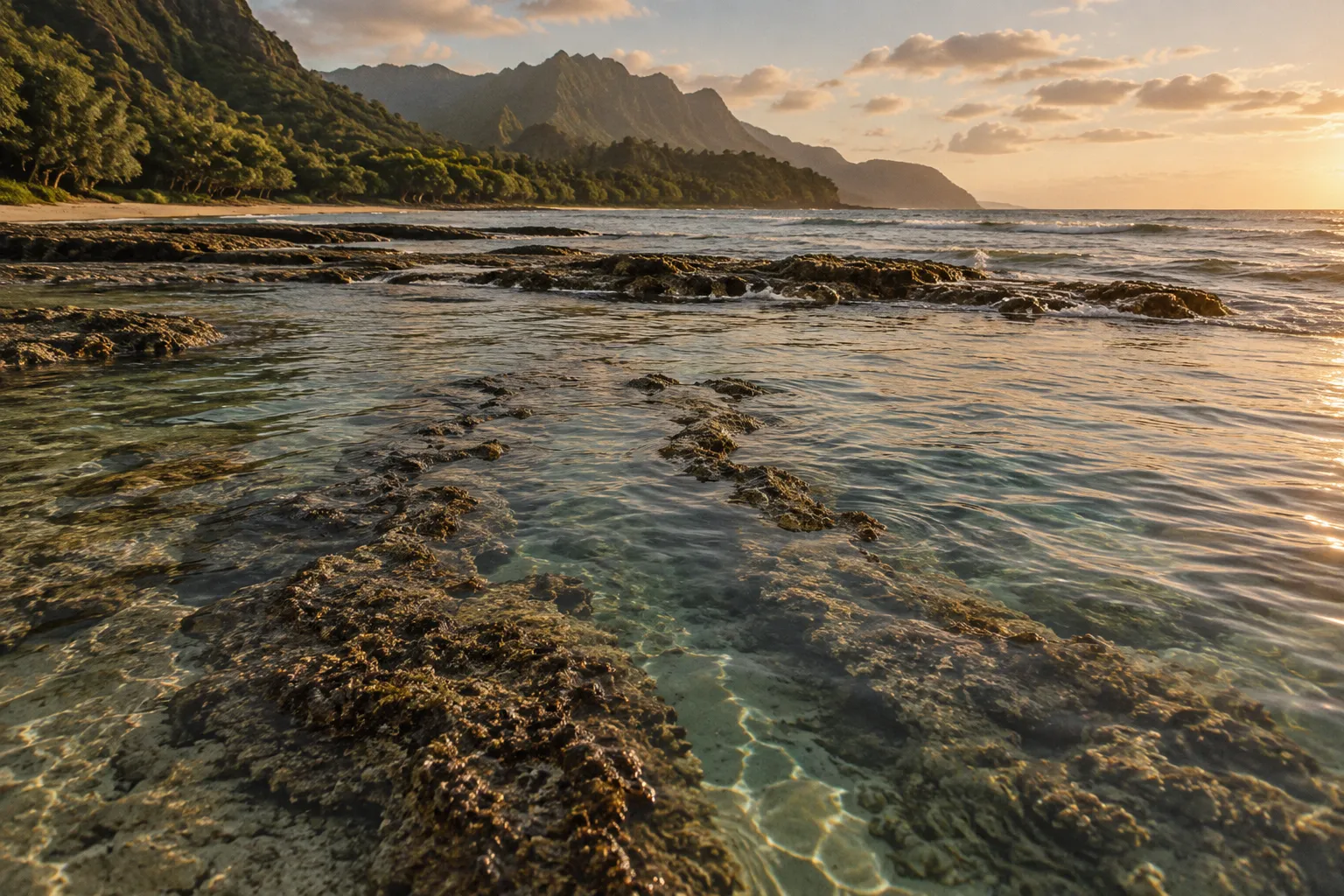 A shallow rocky reef lines a Hawaiian shore beneath green mountains at sunset.