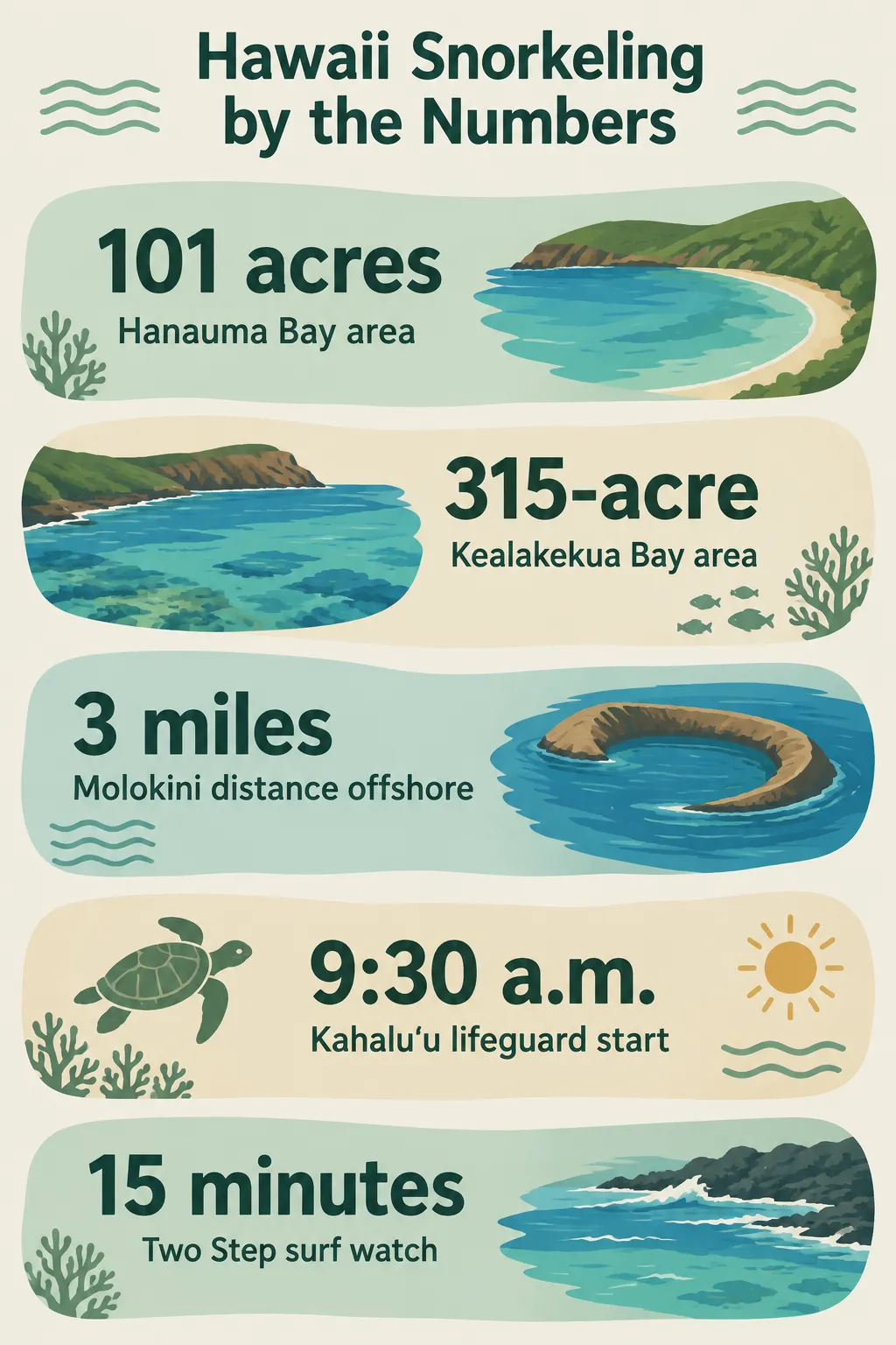 Hanauma Bay covers 101 acres, Kealakekua Bay covers 315 acres, Molokini Crater is 3 miles offshore