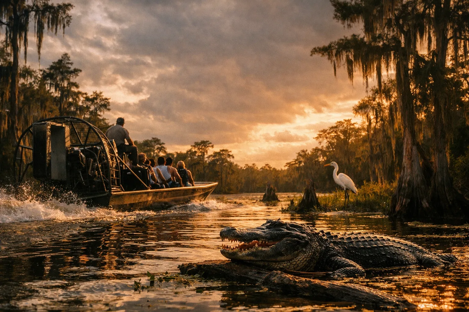 An airboat with tourists glides through a Louisiana bayou near an alligator and a white egret at sunset.