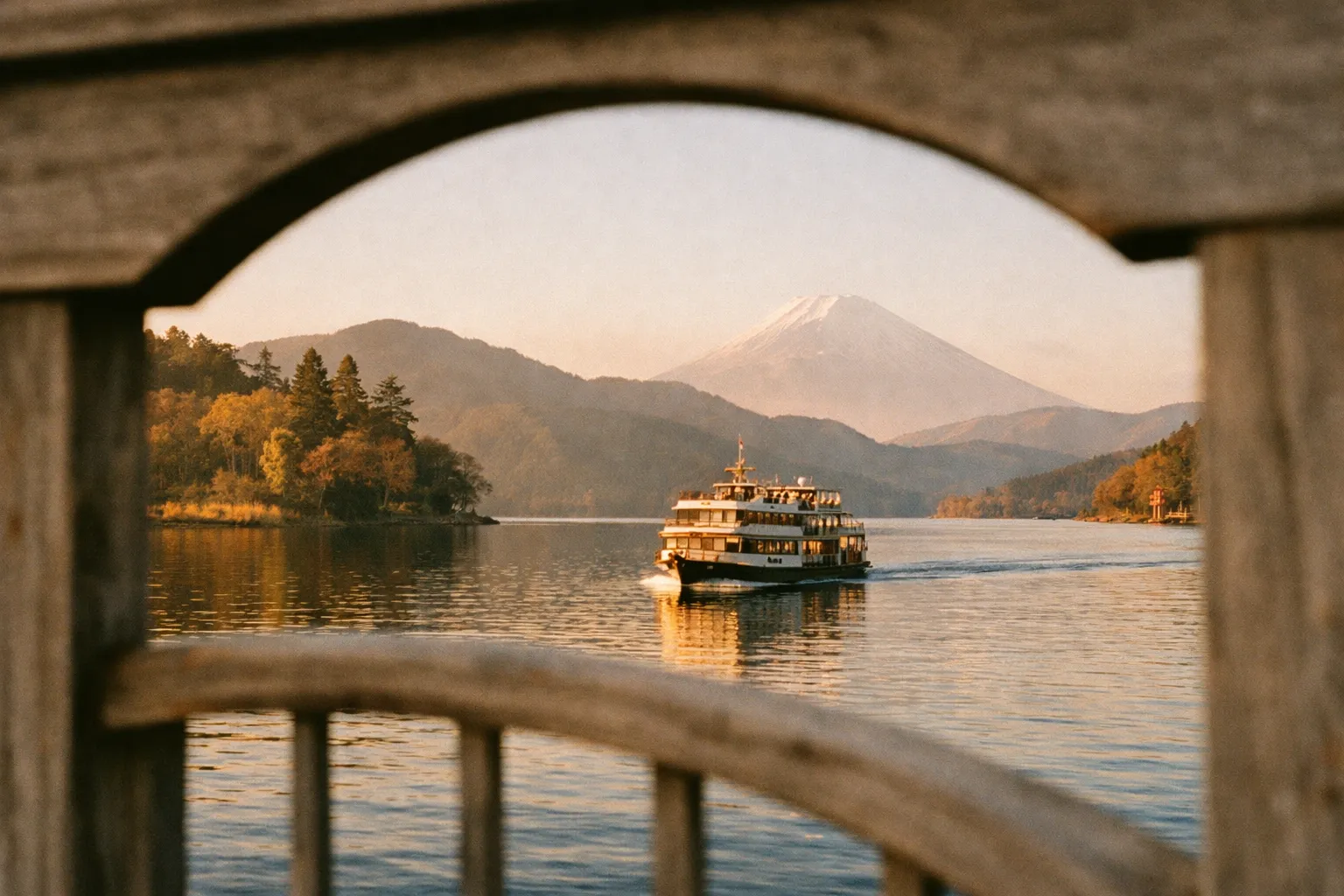 A boat cruises on a lake with Mount Fuji visible in the background, framed by wooden railing.