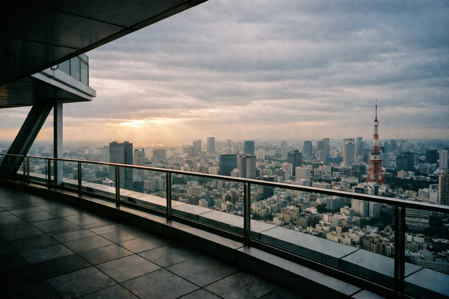View of Tokyo cityscape with Tokyo Tower seen from a high observation deck at sunset.