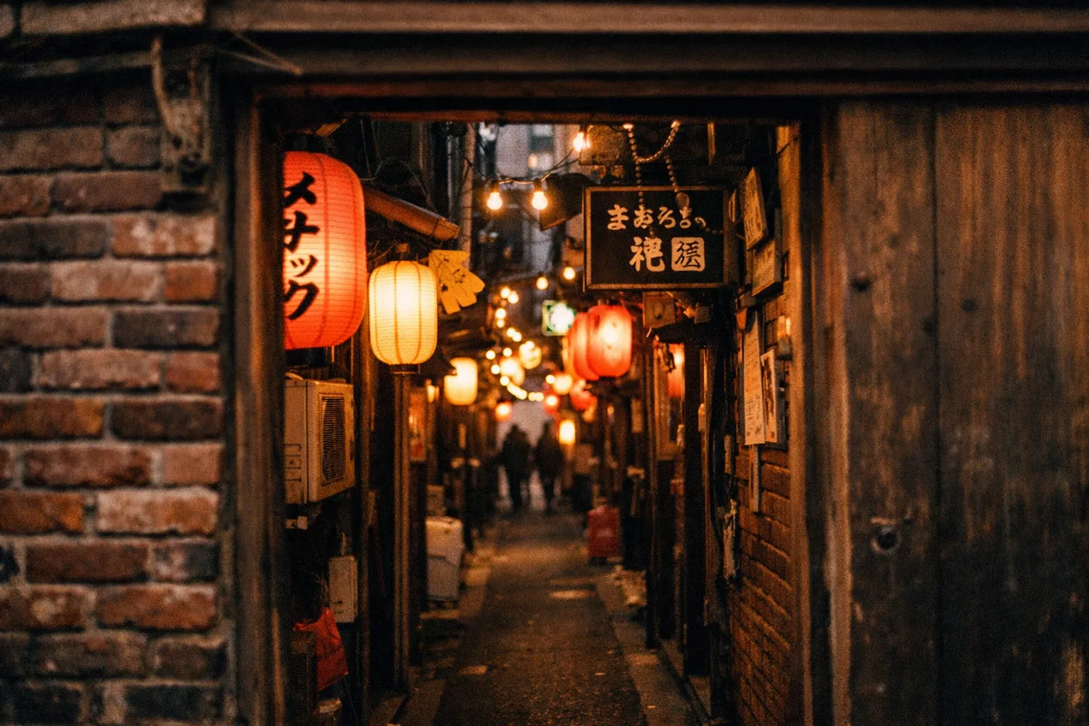 Narrow alleyway lined with traditional lanterns in Tokyo at night.