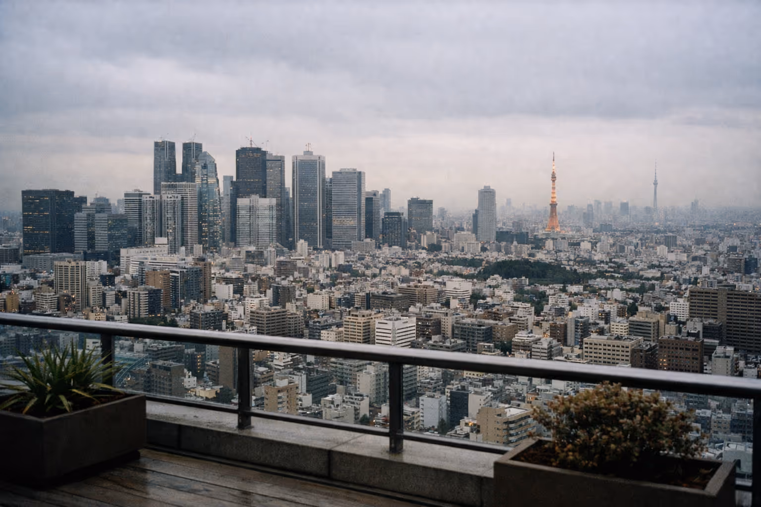 Tokyo cityscape with Tokyo Tower and skyscrapers viewed from a rooftop terrace on a cloudy day.