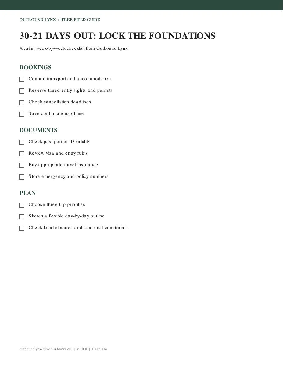 First page of the 30-Day Trip Countdown PDF, with its week-by-week travel preparation checklist