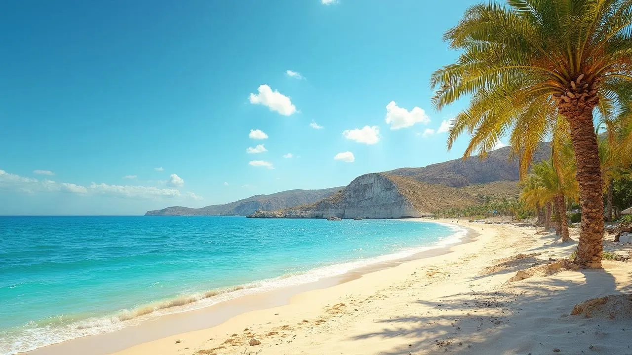 A sandy beach with turquoise sea, palm trees, and rocky hills under a clear blue sky.