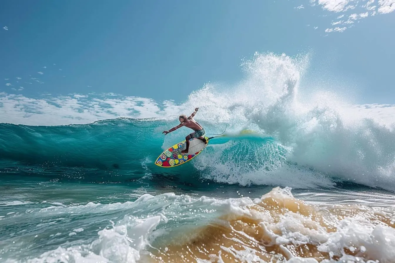 A surfer rides a colorful board on a turquoise wave near a sandy shoreline under a clear sky.